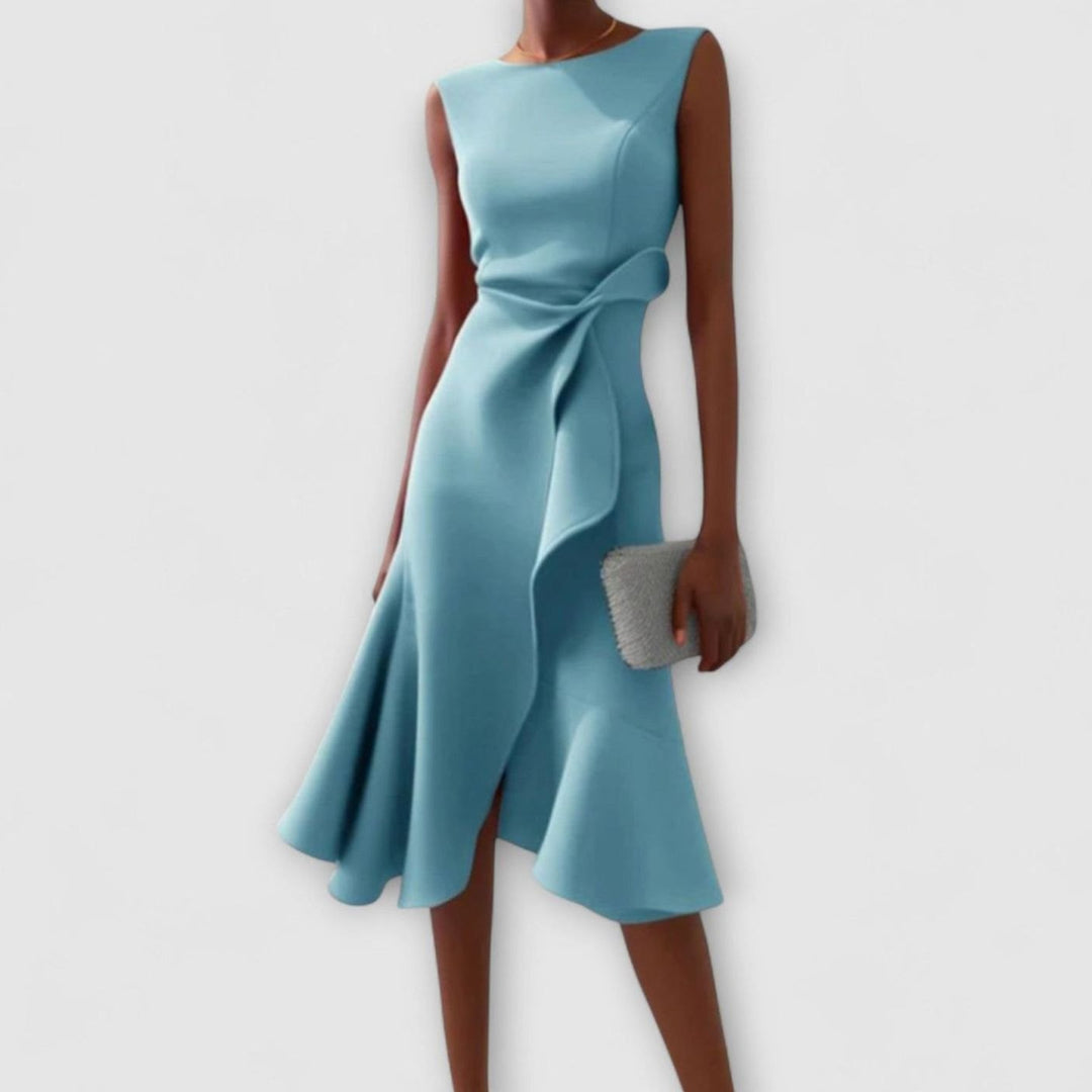 Women's Sleeveless Asymmetric Drape Flounce-Hem Midi Dress - Light Blue