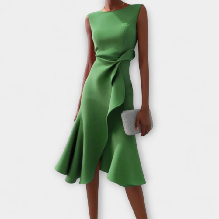 Women's Sleeveless Asymmetric Drape Flounce-Hem Midi Dress - Green