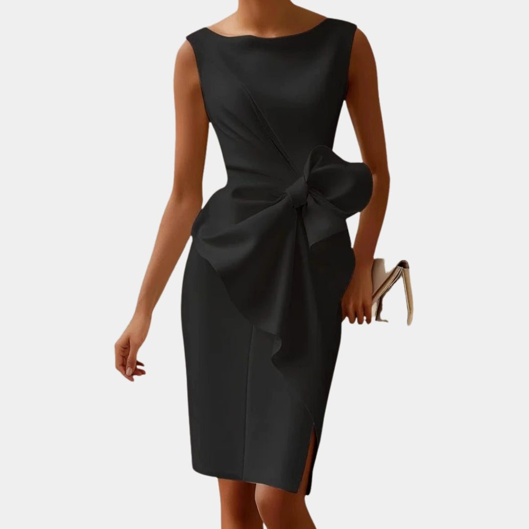 Women's Sleeveless Boat-Neck Side-Bow Midi Dress - Black