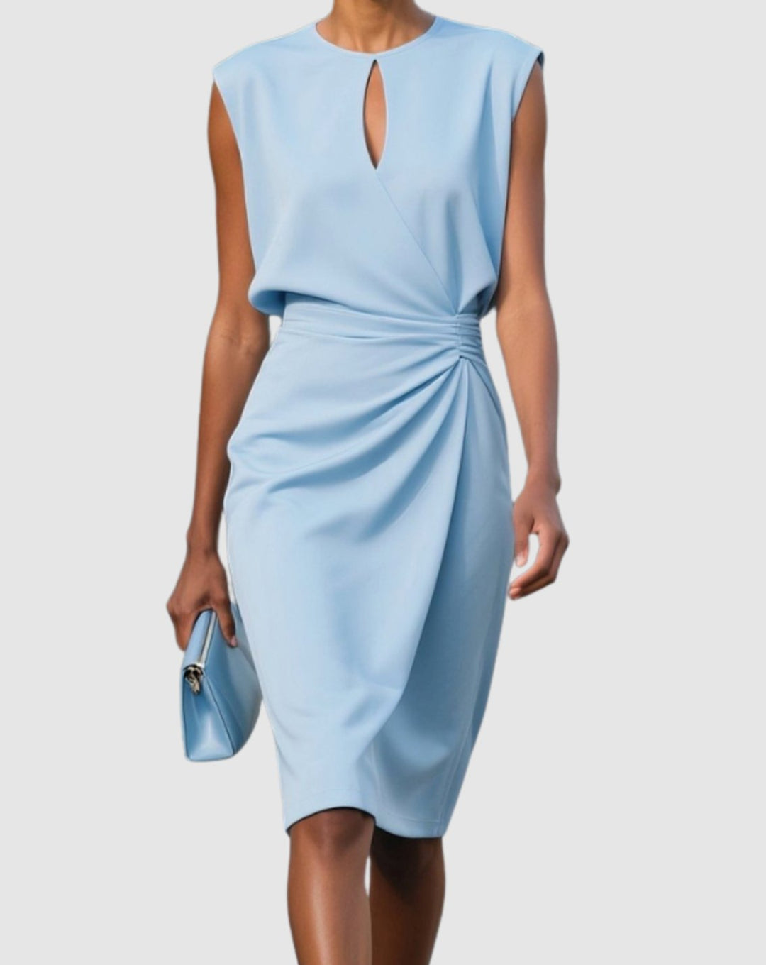 Women's Sleeveless Keyhole-Neck Gathered-Waist Knee-Length Dress - Light Blue