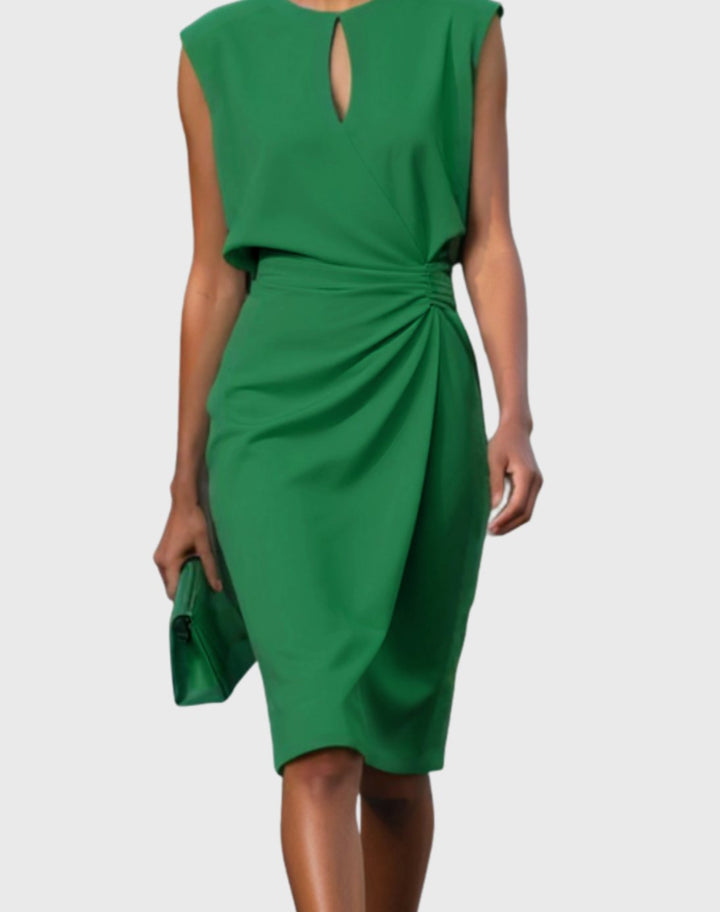 Women's Sleeveless Keyhole-Neck Gathered-Waist Knee-Length Dress - Green