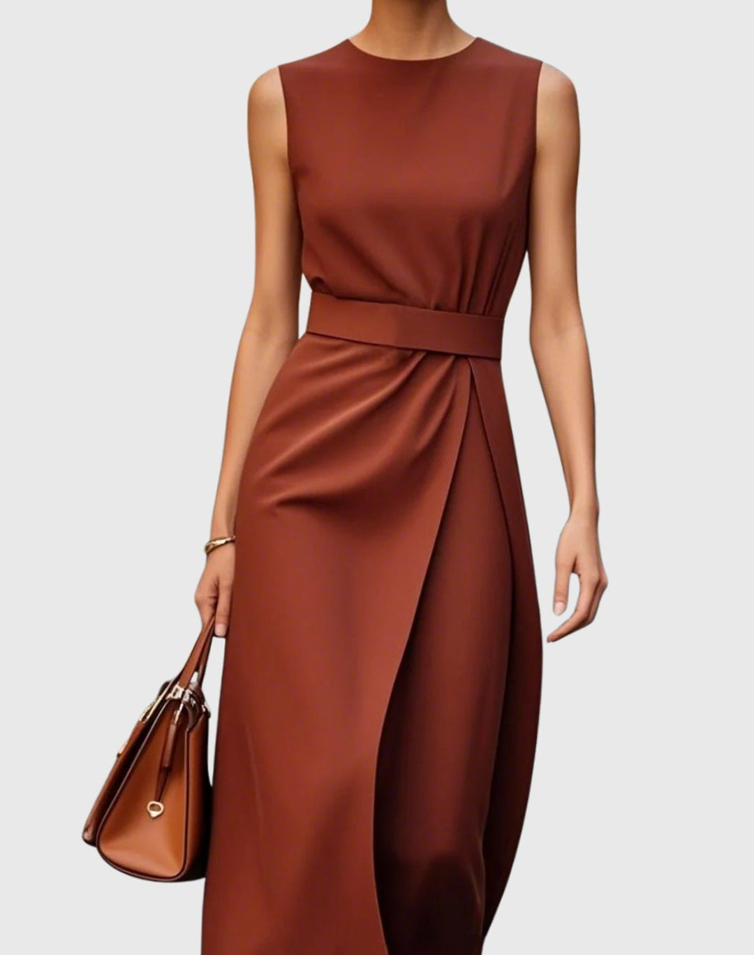 Women's Sleeveless Round-Neck Pleated-Waist Below-Knee Dress - Dark Brown