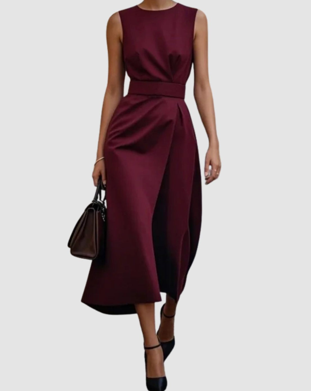 Women's Sleeveless Round-Neck Pleated-Waist Below-Knee Dress - Fuchsia