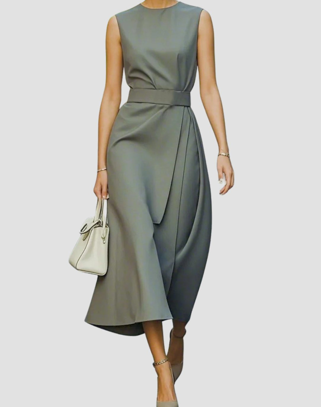 Women's Sleeveless Round-Neck Pleated-Waist Below-Knee Dress - Gray