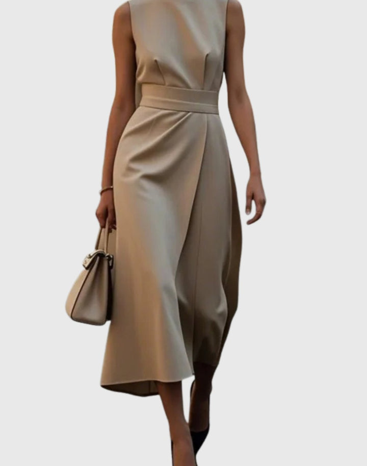 Women's Sleeveless Round-Neck Pleated-Waist Below-Knee Dress - Khaki