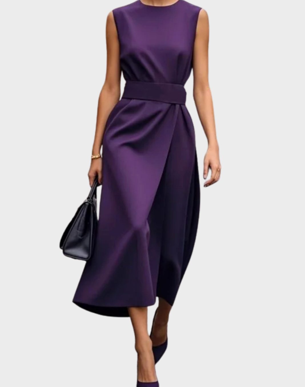 Women's Sleeveless Round-Neck Pleated-Waist Below-Knee Dress - Purple
