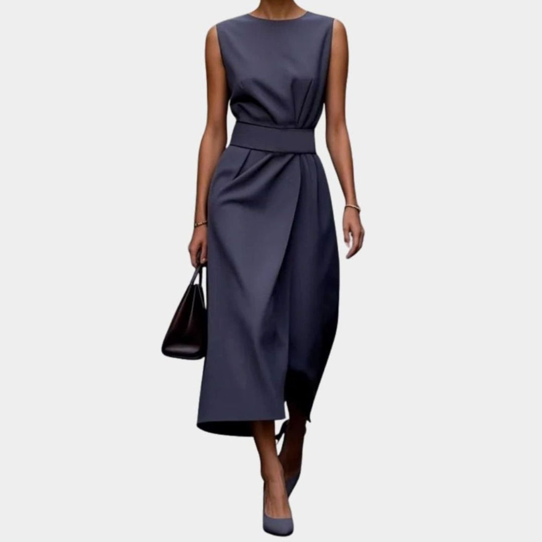 Women's Sleeveless Round-Neck Pleated-Waist Below-Knee Dress