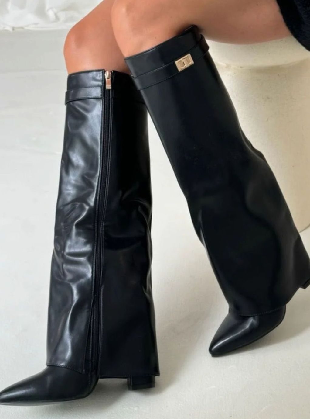 Women's Slouchy Fold-Over High Heel Boots Gold-Buckle Knee-High