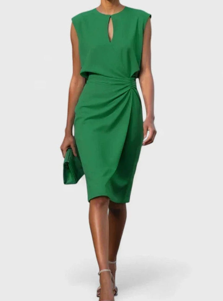Women's Solid Color Dress Sleeveless Ruched Keyhole Midi Sheath - Green