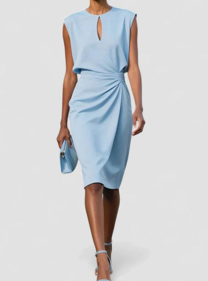 Women's Solid Color Dress Sleeveless Ruched Keyhole Midi Sheath - Light Blue