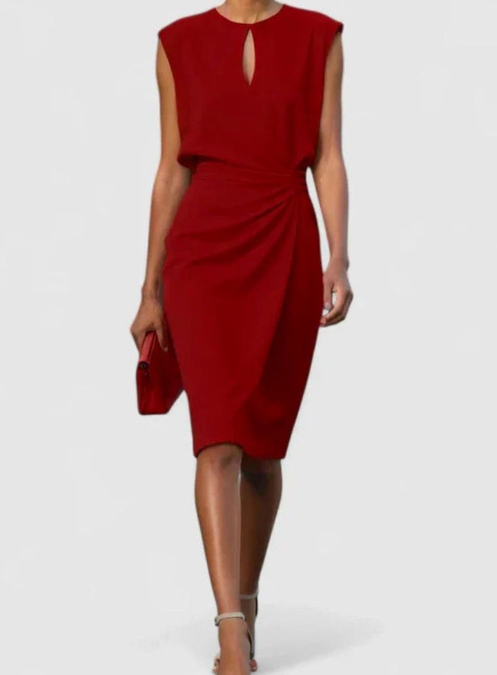Women's Solid Color Dress Sleeveless Ruched Keyhole Midi Sheath - Red