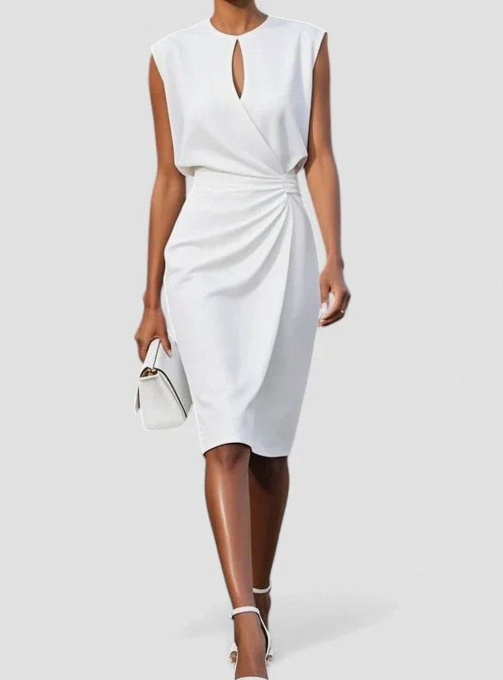 Women's Solid Color Dress Sleeveless Ruched Keyhole Midi Sheath - White