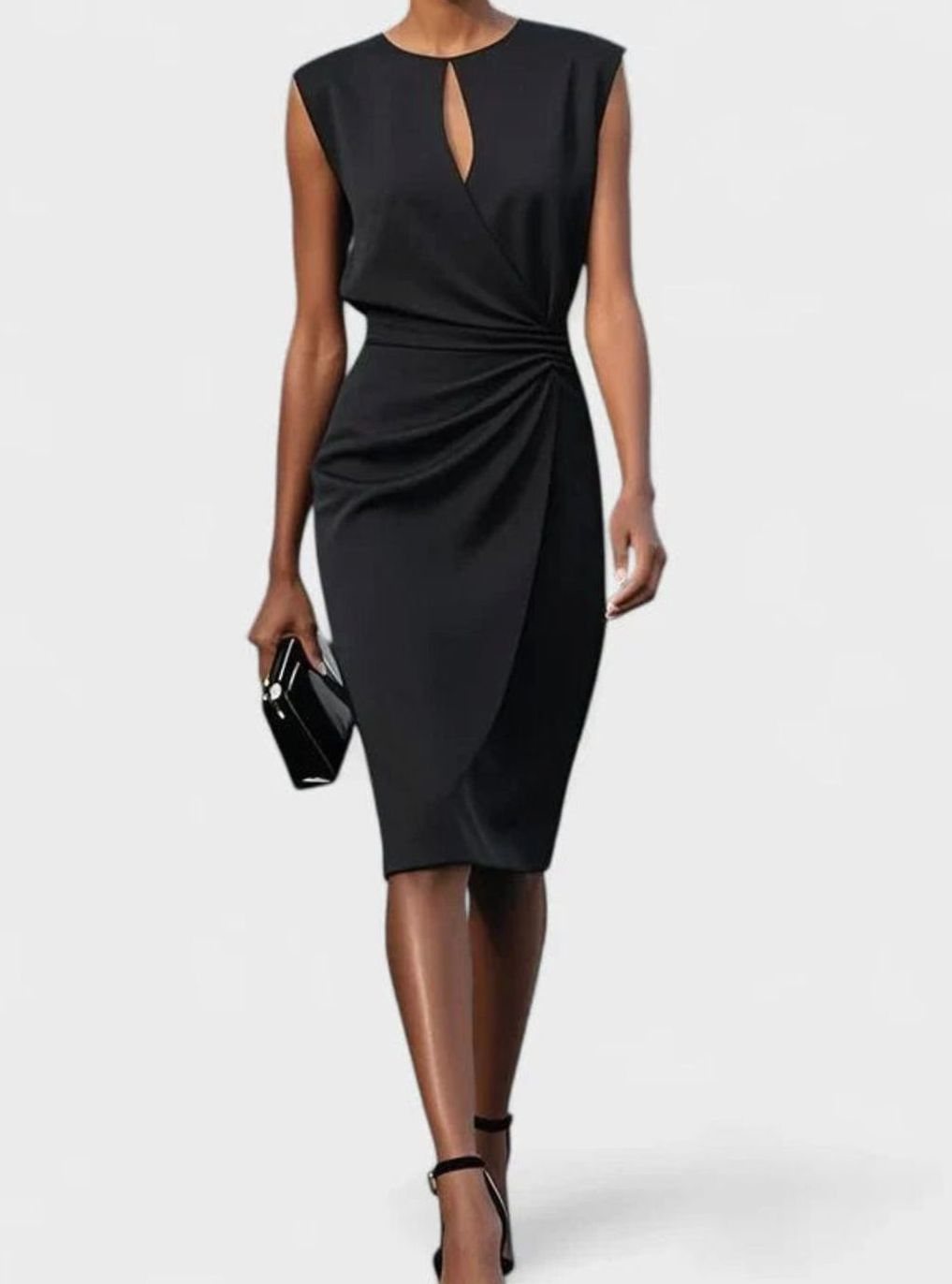 Women's Solid Color Dress Sleeveless Ruched Keyhole Midi Sheath - Black