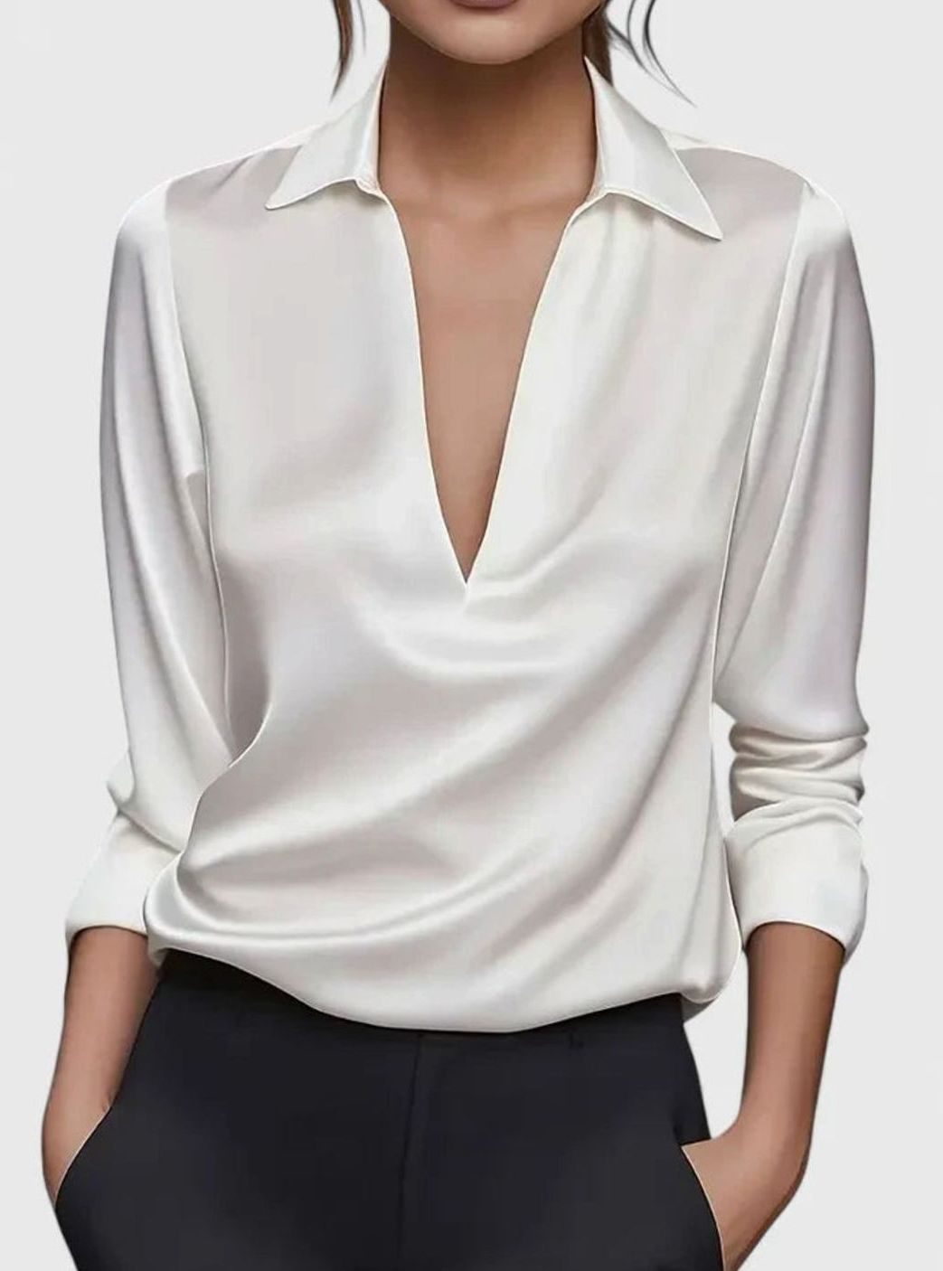 Women's Sophisticated Blouse Deep V-Neck Long-Sleeve Satin Top - White