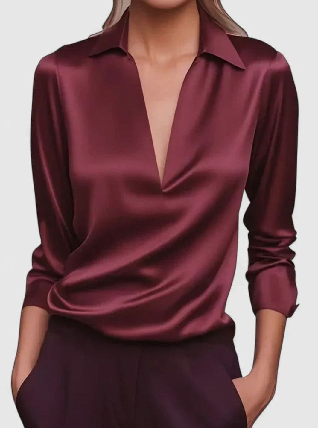 Women's Sophisticated Blouse Deep V-Neck Long-Sleeve Satin Top - Burgundy
