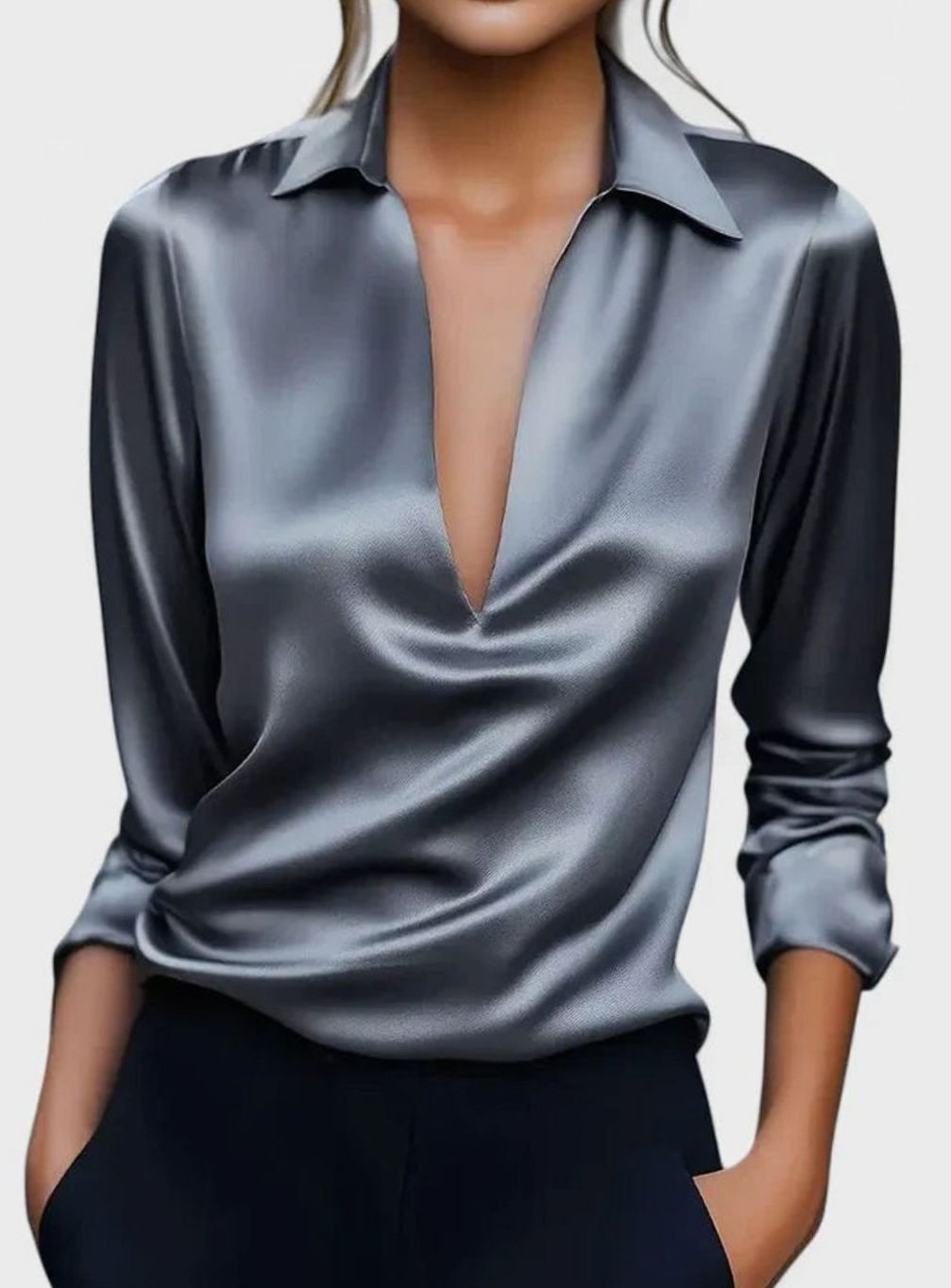 Women's Sophisticated Blouse Deep V-Neck Long-Sleeve Satin Top - Gray