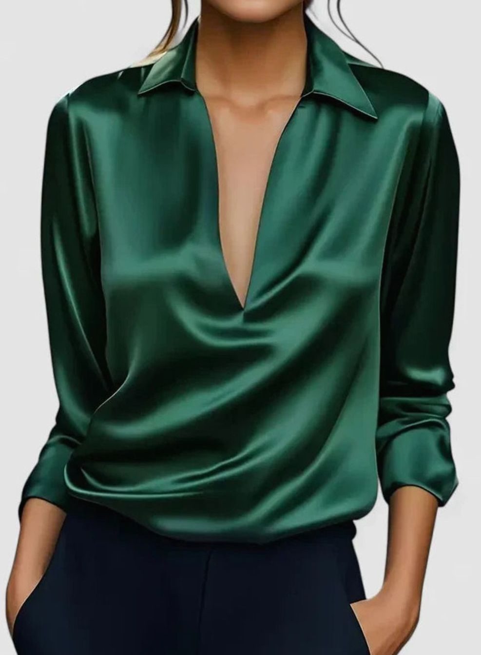 Women's Sophisticated Blouse Deep V-Neck Long-Sleeve Satin Top - Green