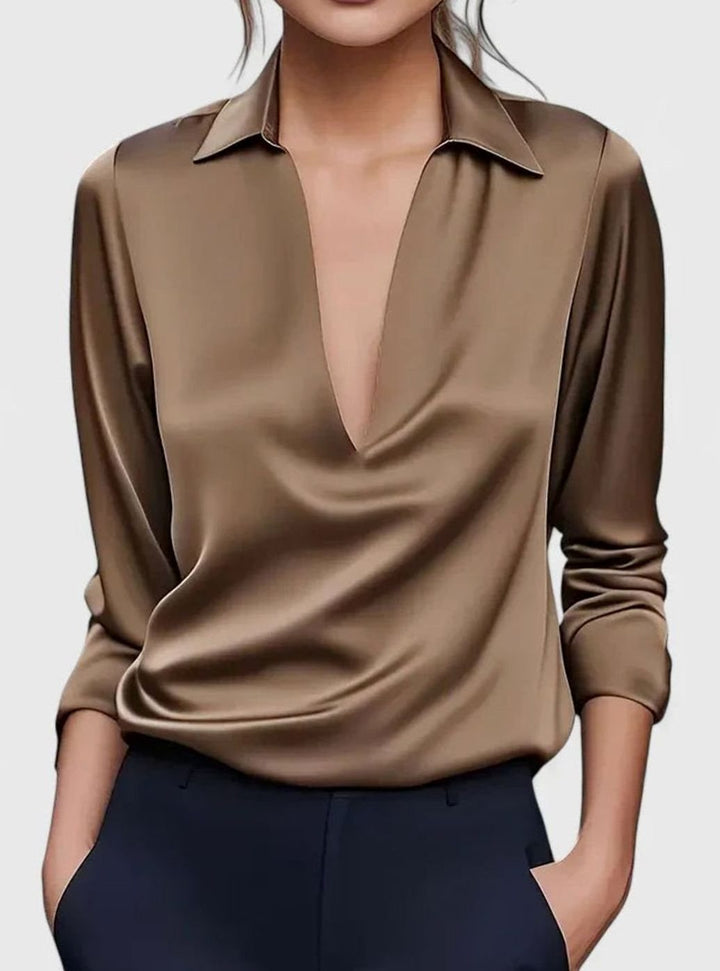 Women's Sophisticated Blouse Deep V-Neck Long-Sleeve Satin Top