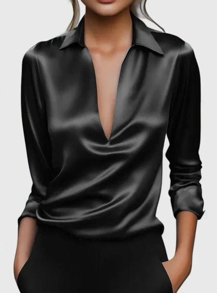 Women's Sophisticated Blouse Deep V-Neck Long-Sleeve Satin Top - Black