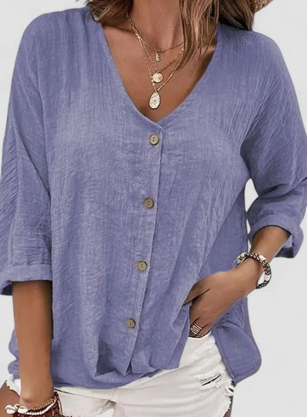 Women's Sophisticated Blouse V-Neck Button-Down 3/4 Sleeve Top - Purple