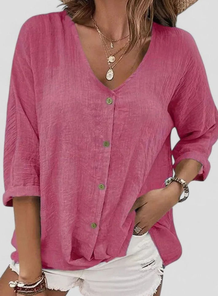 Women's Sophisticated Blouse V-Neck Button-Down 3/4 Sleeve Top - Pink