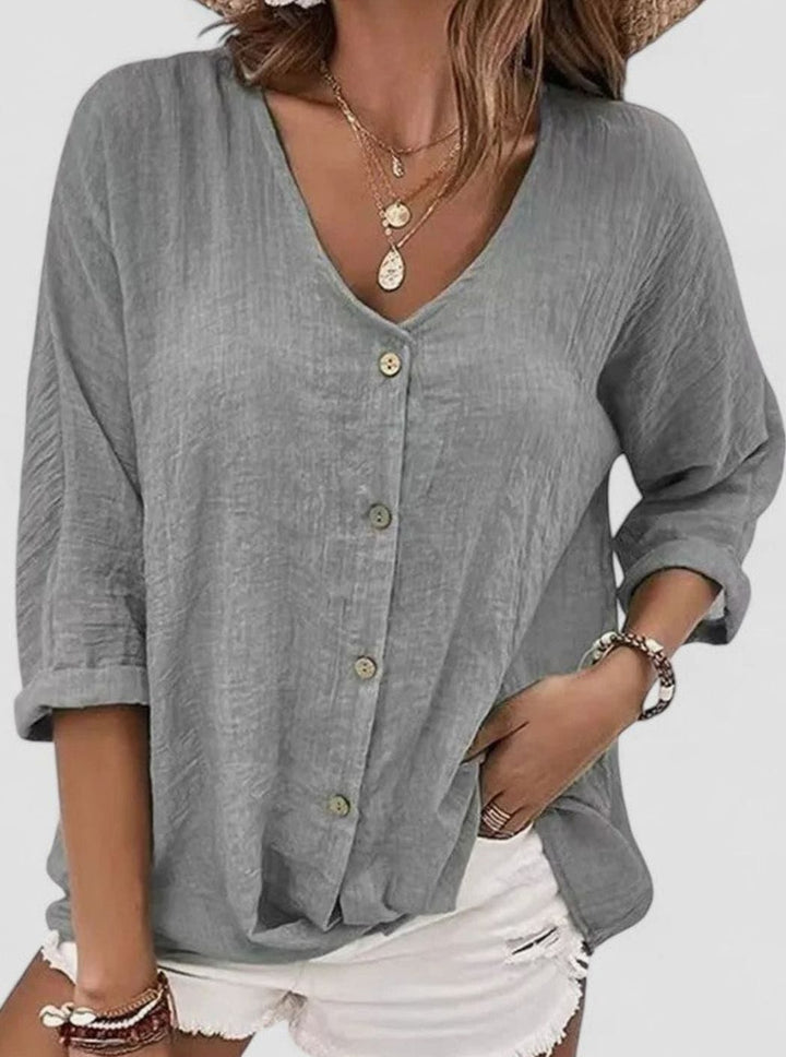 Women's Sophisticated Blouse V-Neck Button-Down 3/4 Sleeve Top - Gray