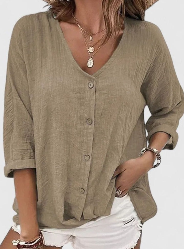 Women's Sophisticated Blouse V-Neck Button-Down 3/4 Sleeve Top - Khaki