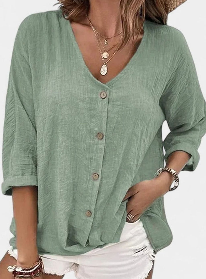 Women's Sophisticated Blouse V-Neck Button-Down 3/4 Sleeve Top - Green