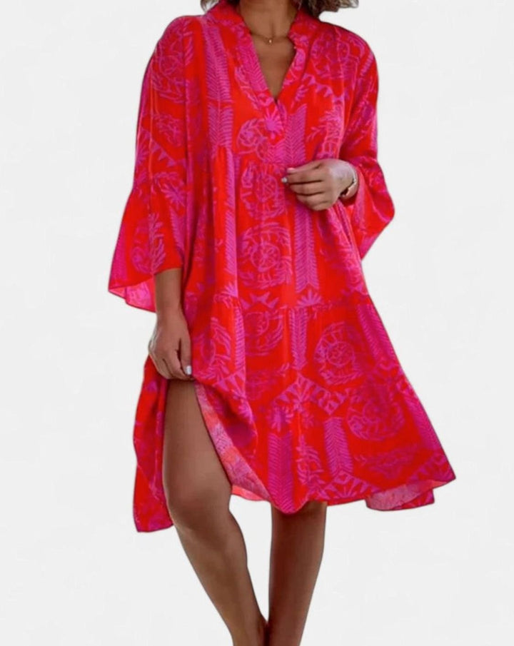 Women's Sophisticated Boho V-Neck Bell-Sleeve Midi Dress - Red