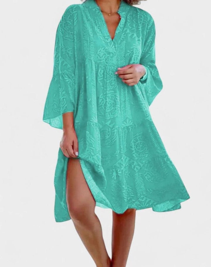 Women's Sophisticated Boho V-Neck Bell-Sleeve Midi Dress - Green
