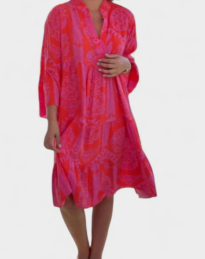 Women's Sophisticated Boho V-Neck Bell-Sleeve Midi Dress