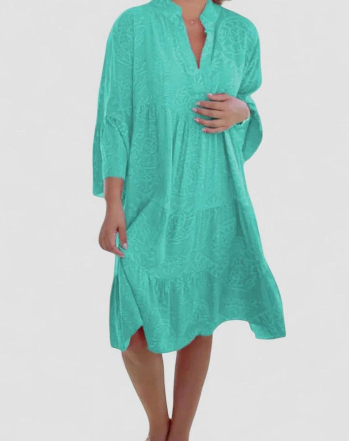 Women's Sophisticated Boho V-Neck Bell-Sleeve Midi Dress