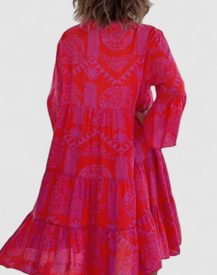 Women's Sophisticated Boho V-Neck Bell-Sleeve Midi Dress