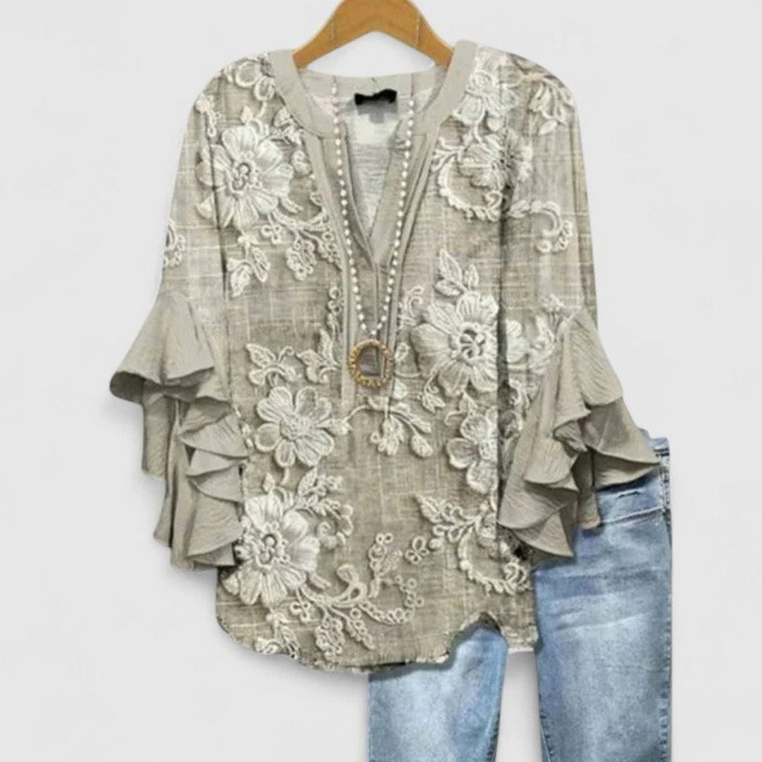 Women's Sophisticated Floral Ruffle-Sleeve V-Neck Blouse - Light Brown