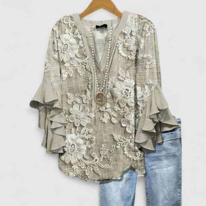 Women's Sophisticated Floral Ruffle-Sleeve V-Neck Blouse - Light Brown