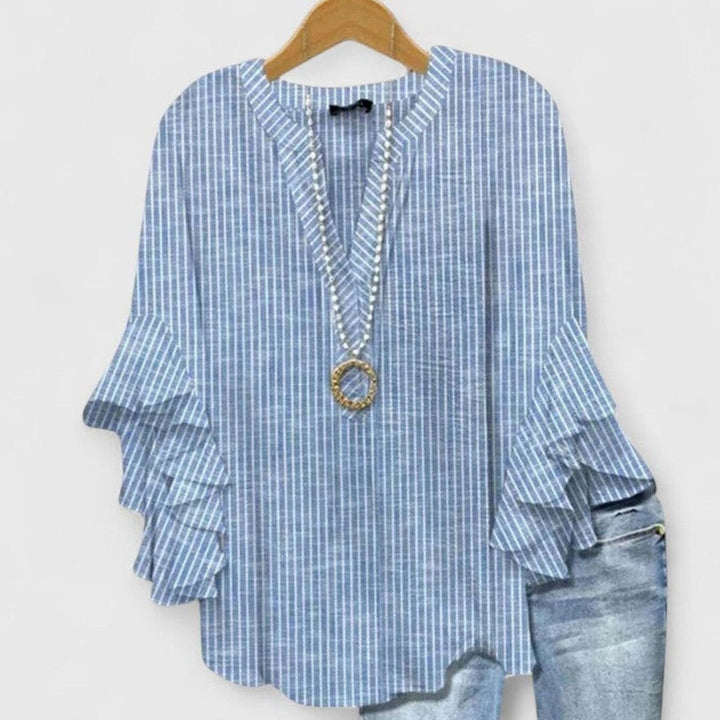 Women's Sophisticated Floral Ruffle-Sleeve V-Neck Blouse - Blue
