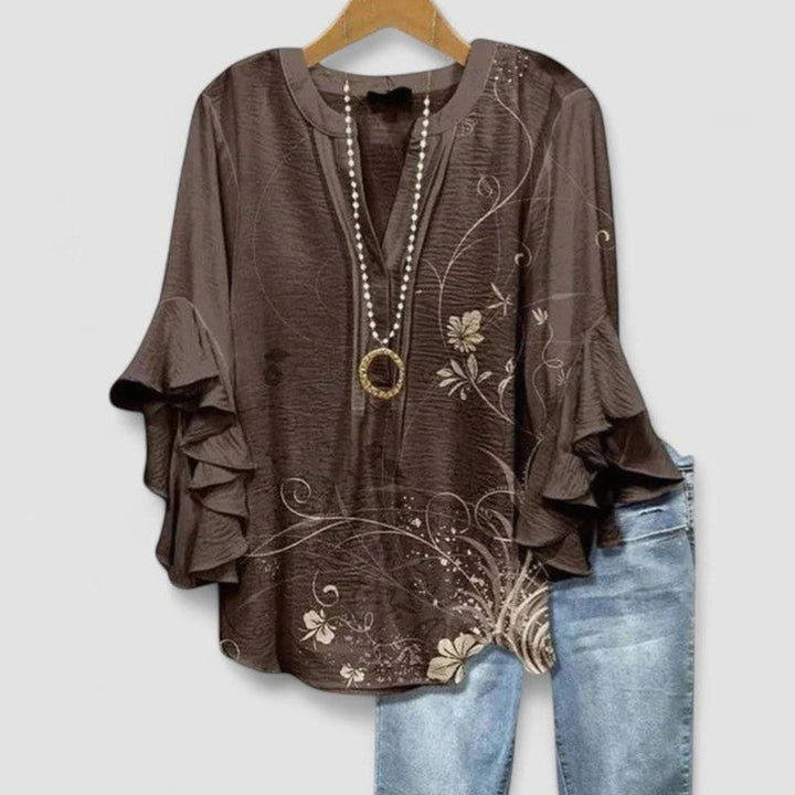 Women's Sophisticated Floral Ruffle-Sleeve V-Neck Blouse - Brown