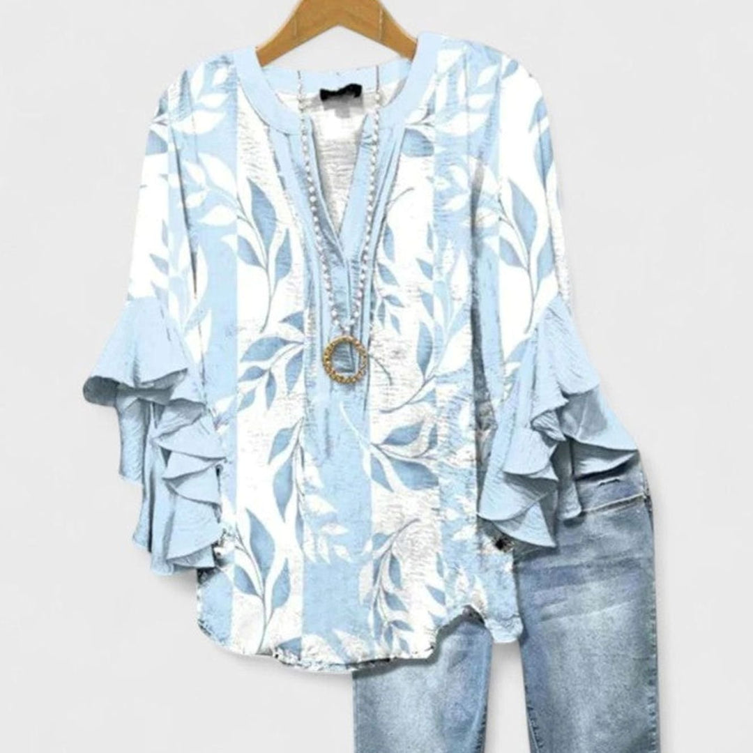 Women's Sophisticated Floral Ruffle-Sleeve V-Neck Blouse - Light Blue