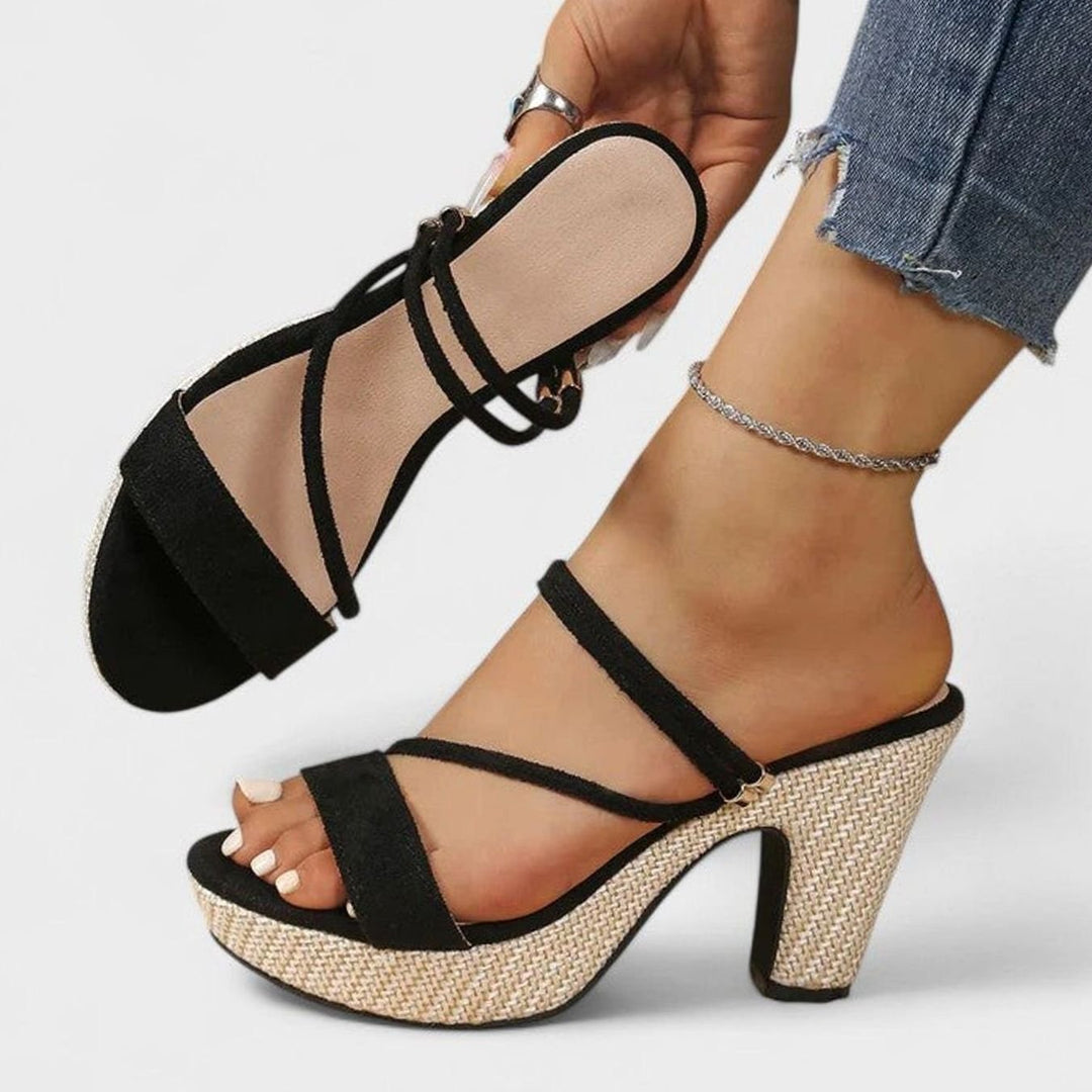 Women's Sophisticated Heels Open-Toe Strappy Platform Block-Heel Sandals - Black