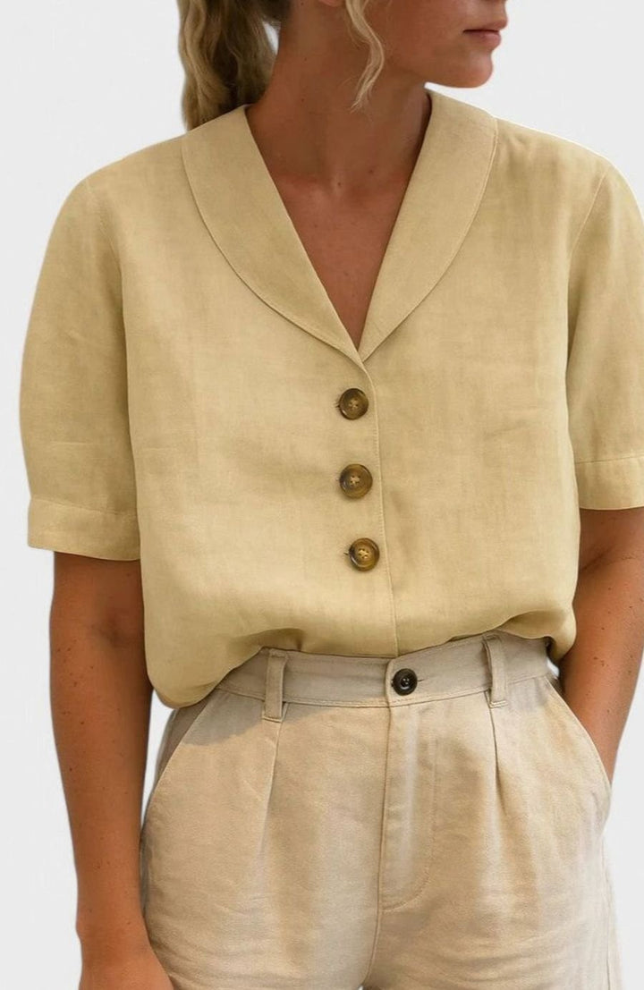 Women's Sophisticated Linen V-Neck Button-Front Blouse - Beige