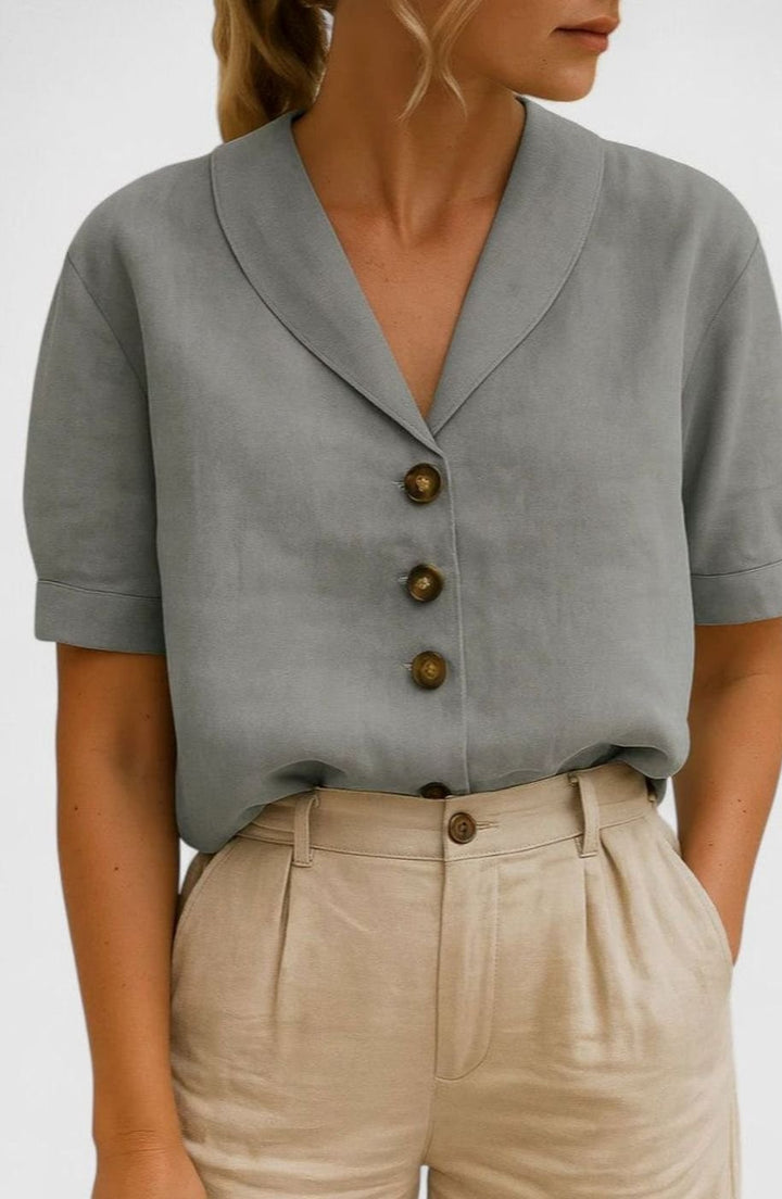 Women's Sophisticated Linen V-Neck Button-Front Blouse - Gray