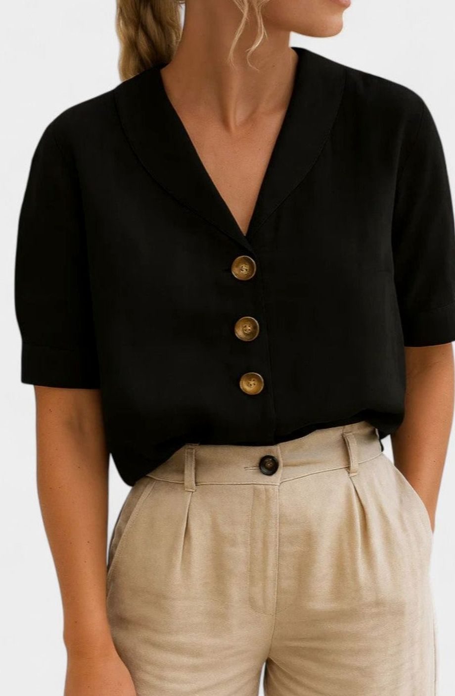 Women's Sophisticated Linen V-Neck Button-Front Blouse - Black