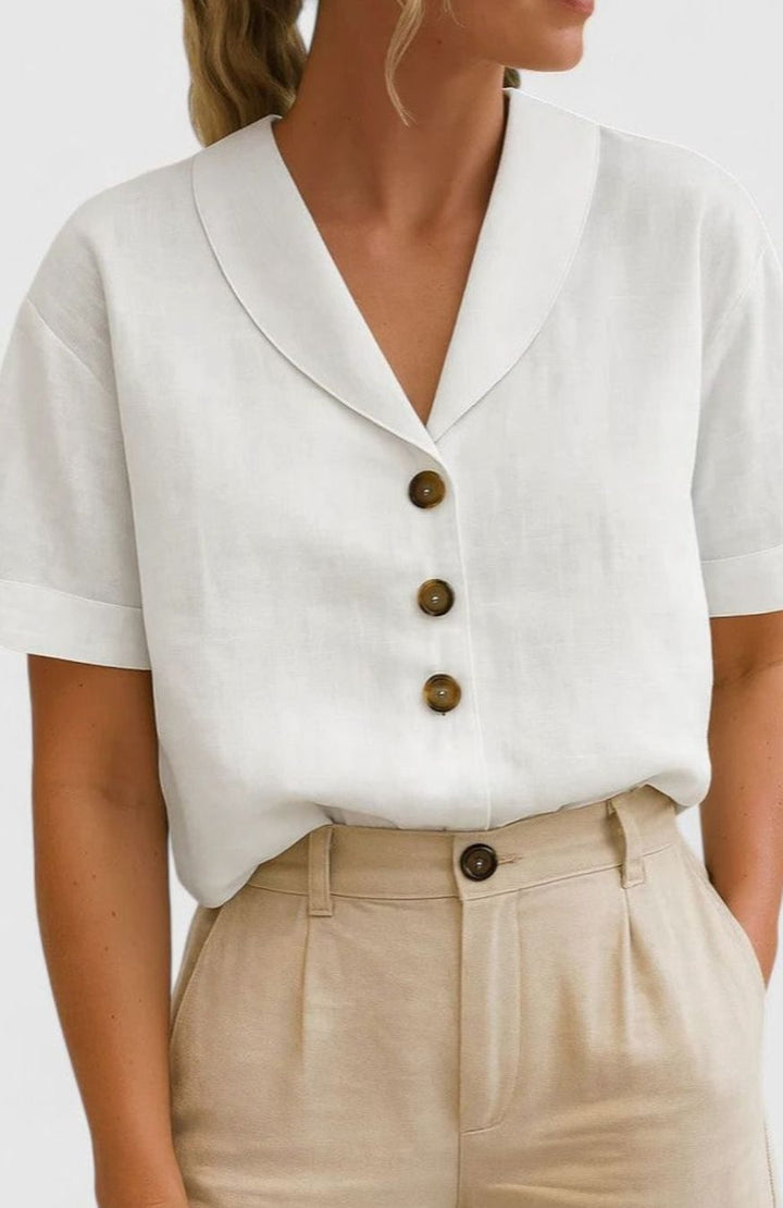 Women's Sophisticated Linen V-Neck Button-Front Blouse - White