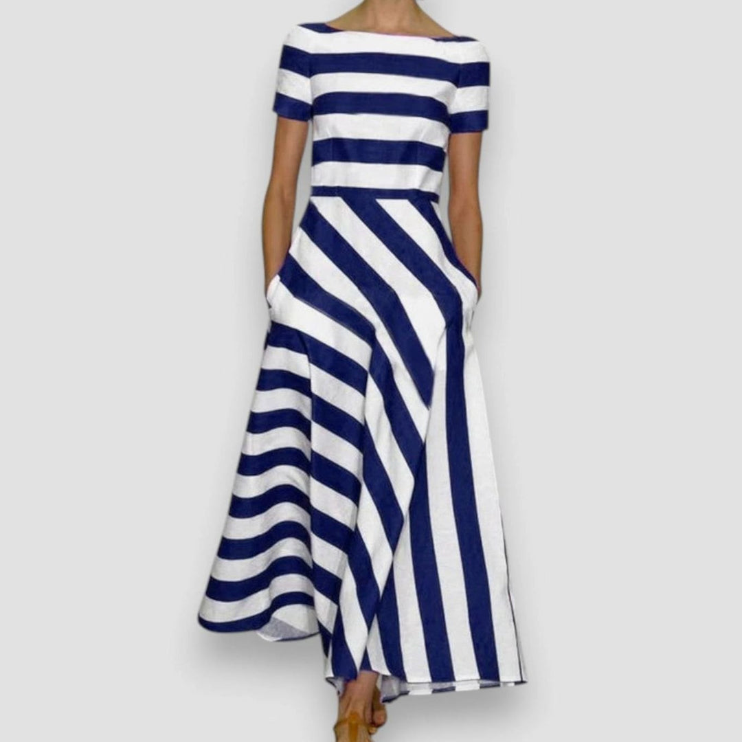 Women's Sophisticated Striped Maxi Dress Boat-Neck Short-Sleeve A-Line - Blue