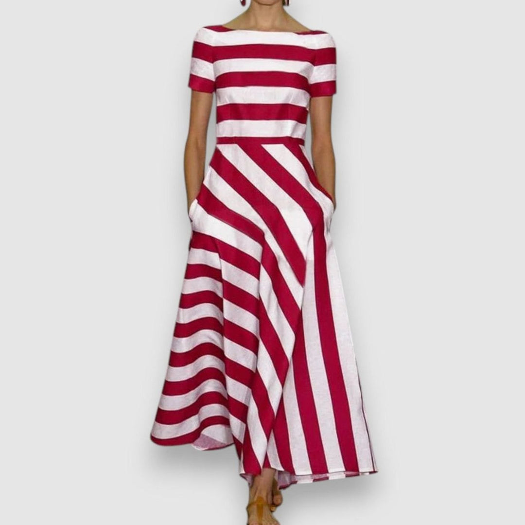 Women's Sophisticated Striped Maxi Dress Boat-Neck Short-Sleeve A-Line - Red