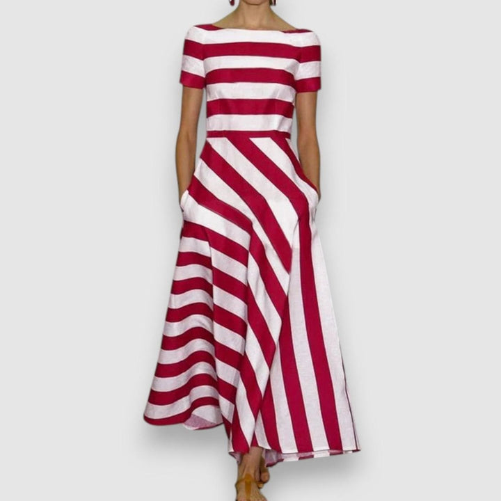 Women's Sophisticated Striped Maxi Dress Boat-Neck Short-Sleeve A-Line - Red