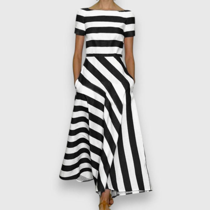 Women's Sophisticated Striped Maxi Dress Boat-Neck Short-Sleeve A-Line - Black