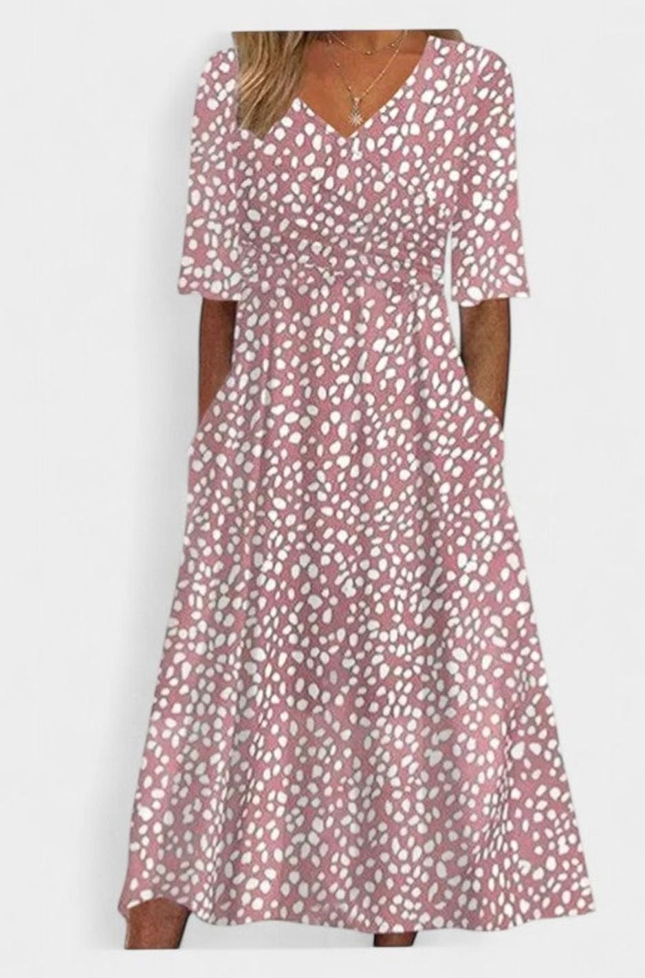 Women's Spotted Print V-Neck Half-Sleeve A-Line Midi Dress - Pink