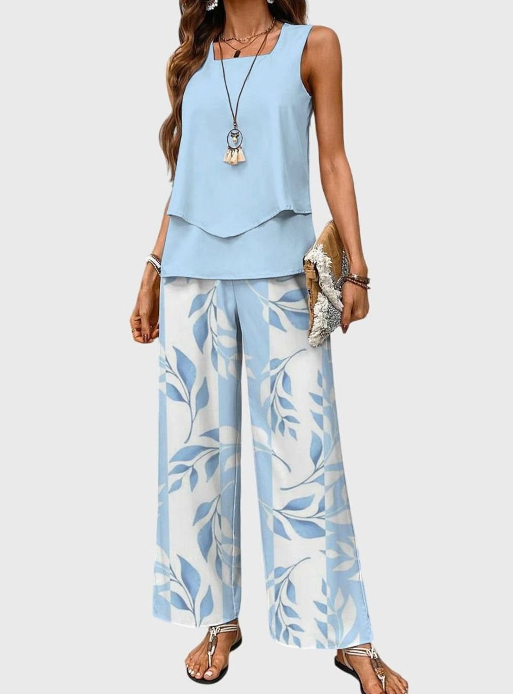 Women's Square-Neck Sleeveless Loose-Fit Floral 2-Piece Set - Blue
