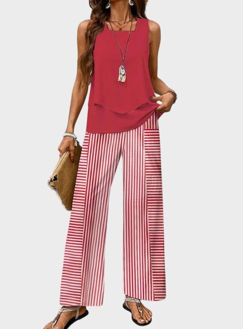Women's Square-Neck Sleeveless Loose-Fit Floral 2-Piece Set - Red